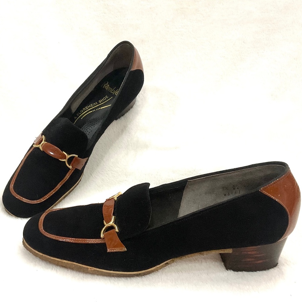 Florsheim Ramblers Vintage Loafers Black Suede & Brown Trim Gold Bit – Size 9.5